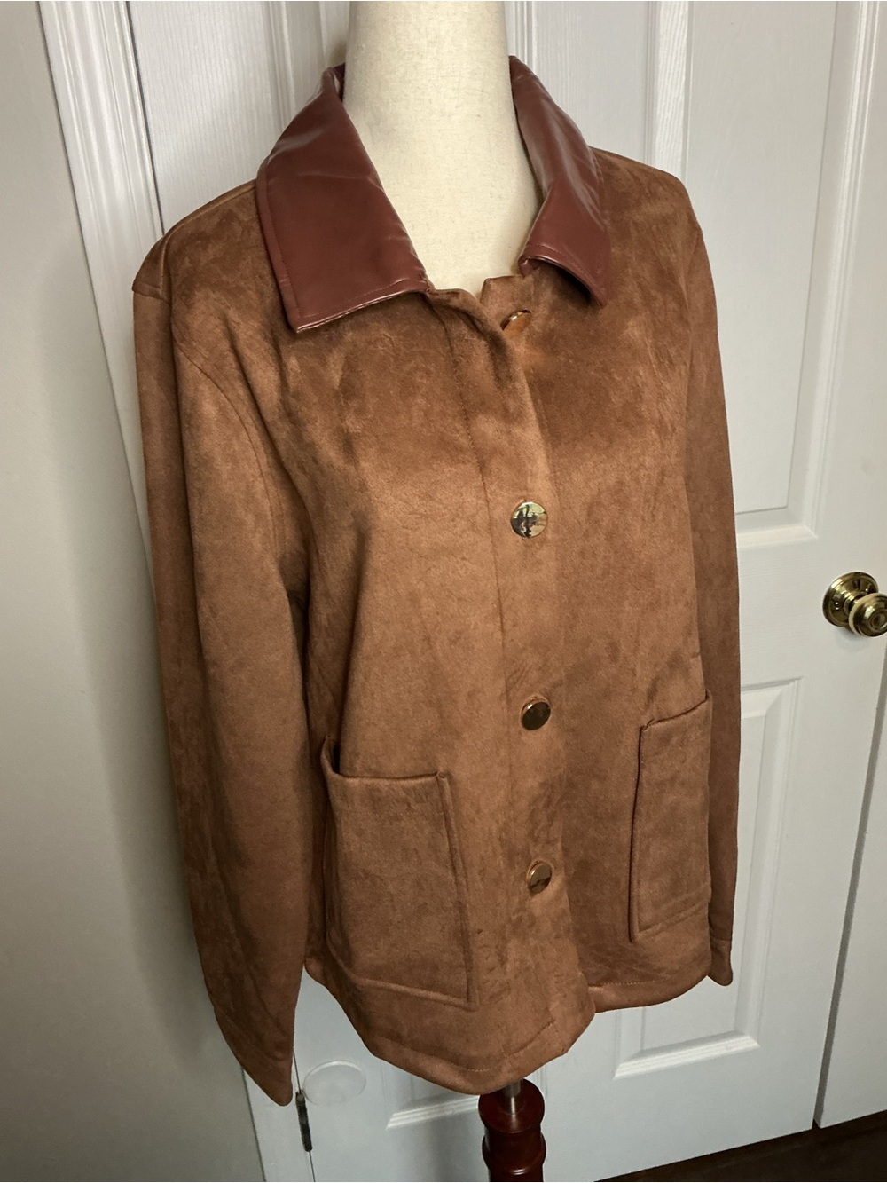 Alice Blue Brown Suede-Style Jacket with Leather-Look Collar